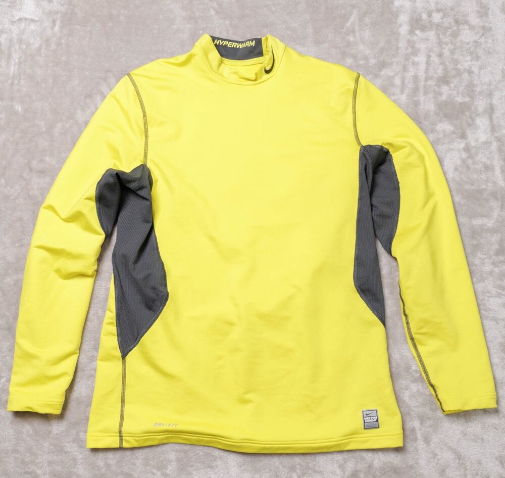 Nike Pro Combat Dri Fit Compression Long Sleeve Fitted Yellow Shirt Mens Size M